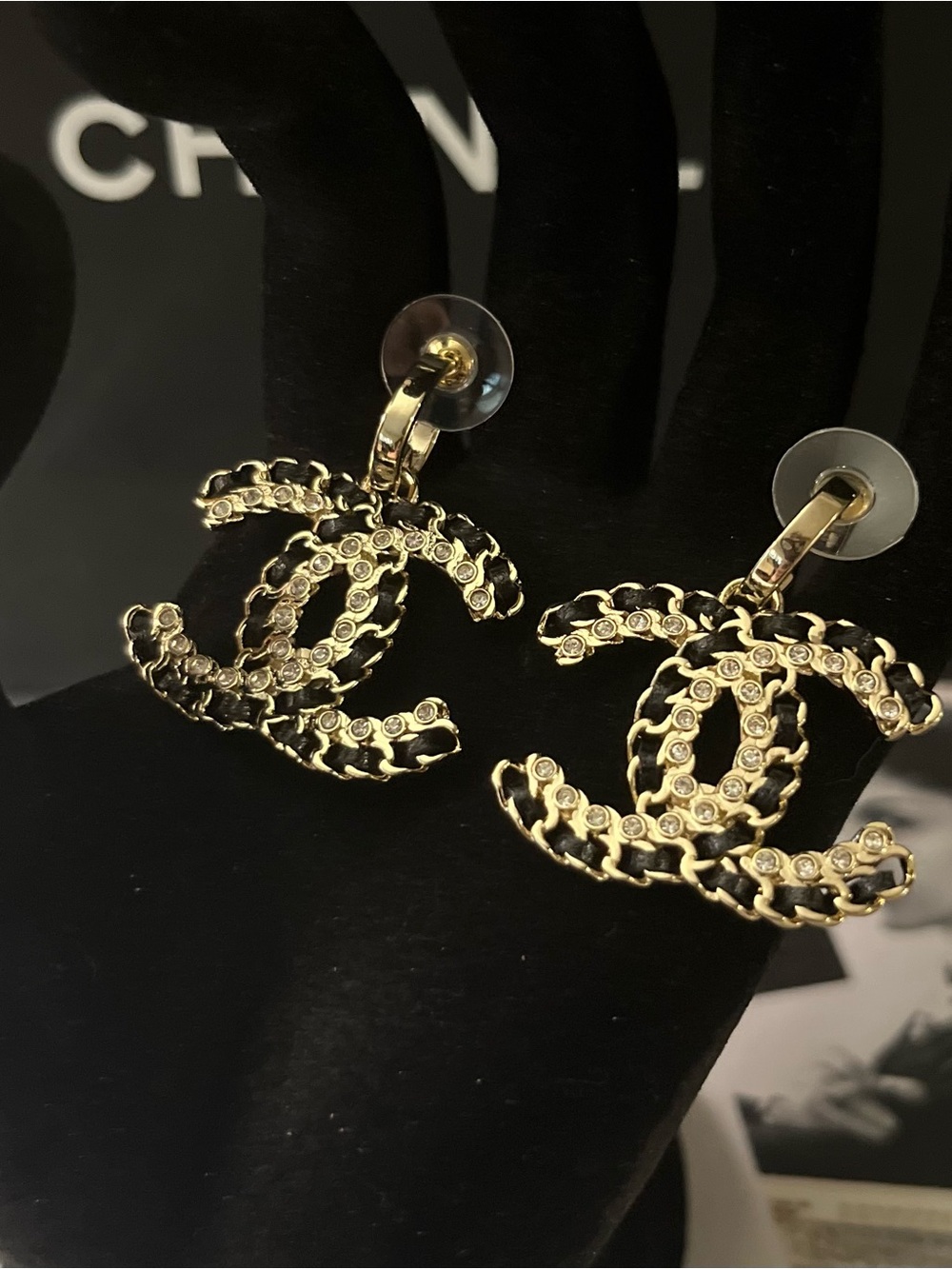 CHANEL Gold and Black leather CC Drop Earrings with Crystal Accents